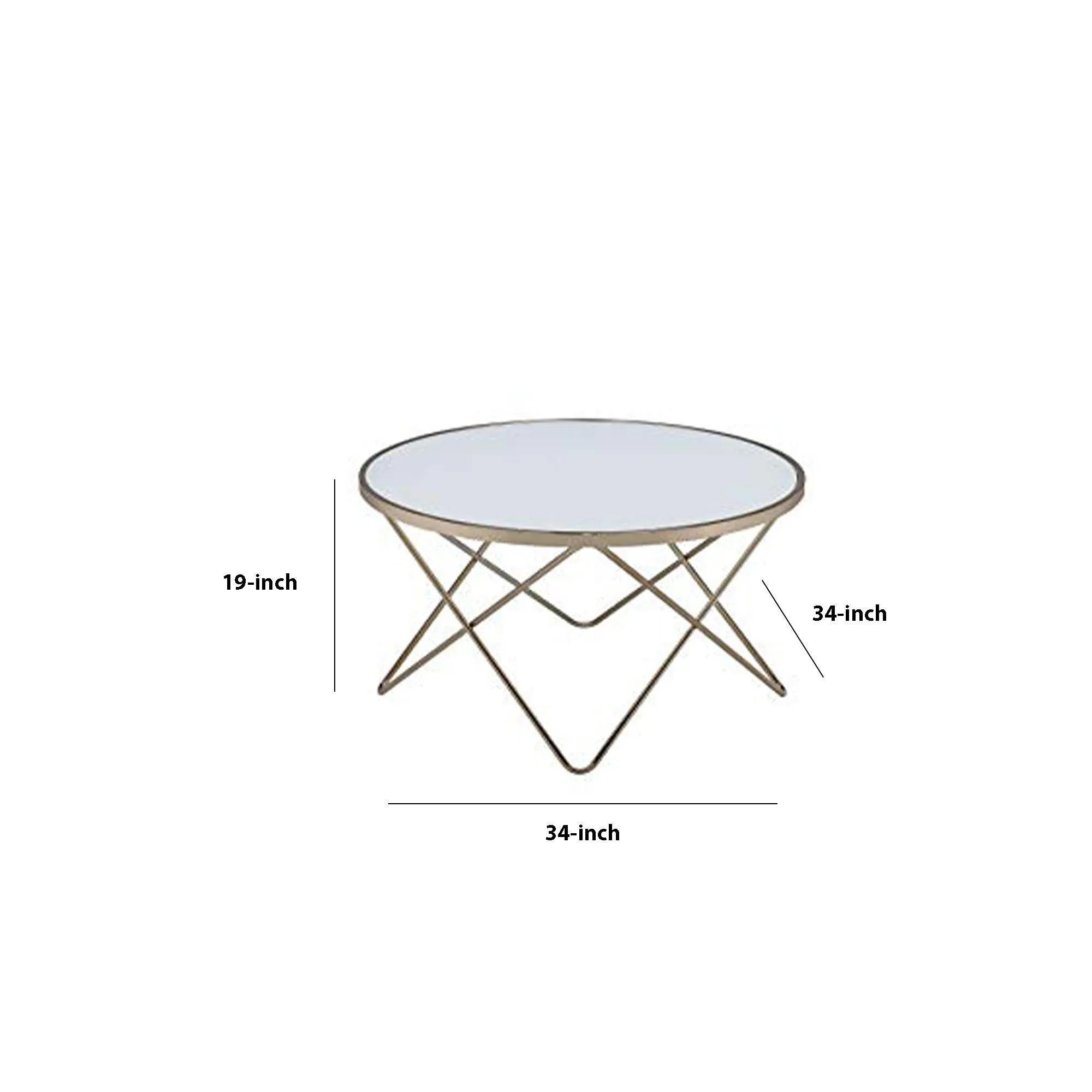 19" Round Glass Top Coffee Table With V Legs, White And Gold By Benzara