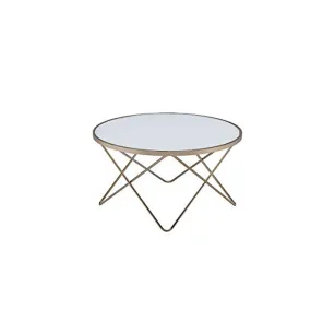 19" Round Glass Top Coffee Table With V Legs, White And Gold By Benzara