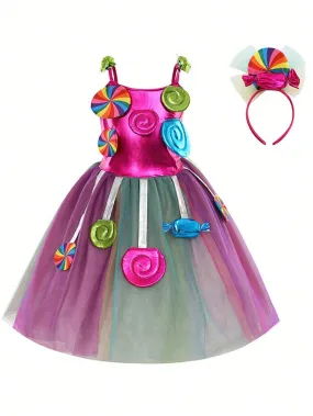 2pcs Young Girl Halloween Party Costume Halloween "Trick-Or-Treat", Sweet And Cute Candy Dress