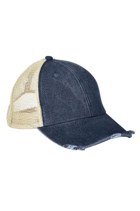 Adams Mens Distressed Ollie Adjustable Trucker Hat - Dark Denim Blue/Tan