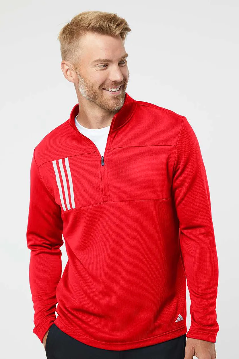 Adidas Mens 3 Stripes Double Knit Moisture Wicking 1/4 Zip Sweatshirt - Team Collegiate Red/Grey - NEW