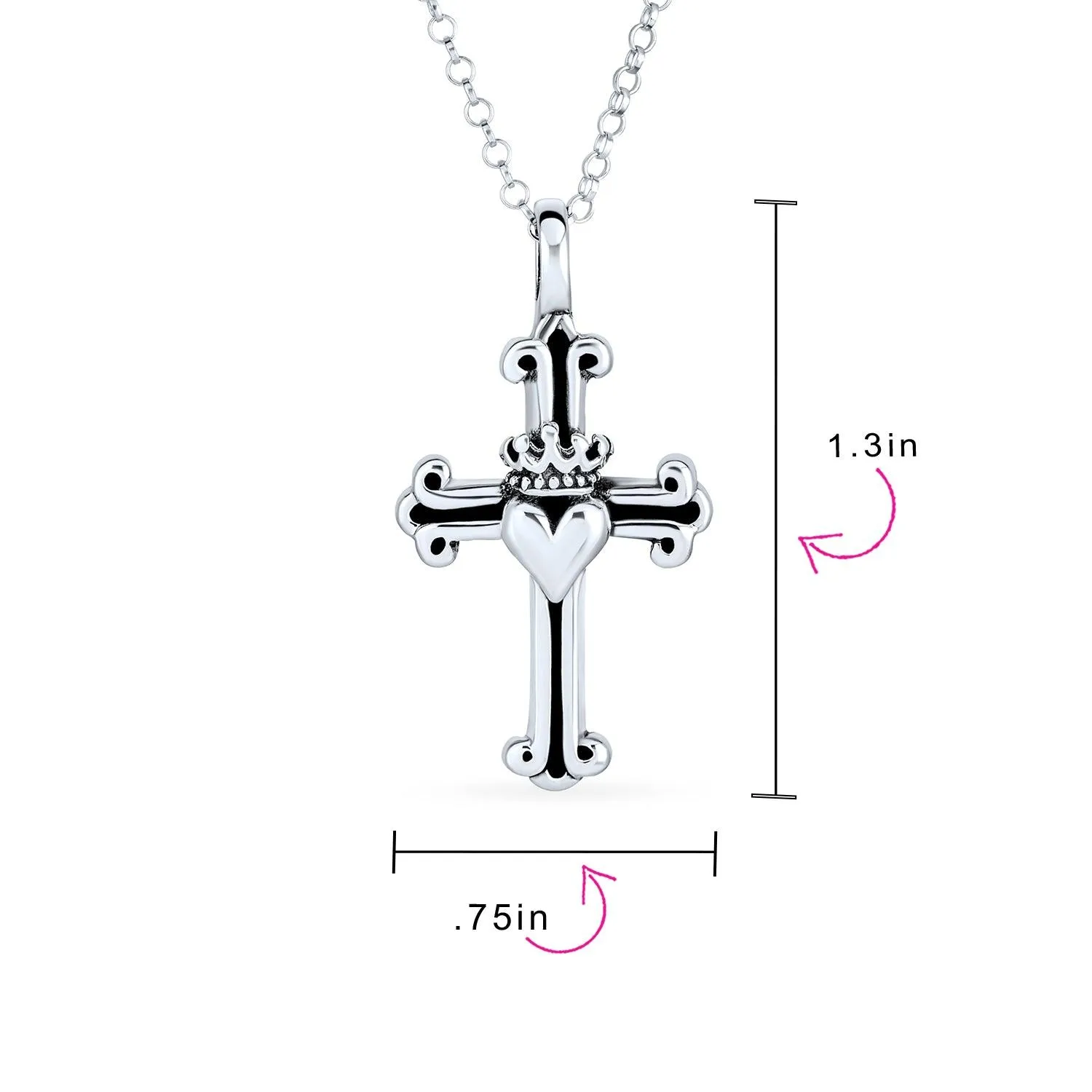 Antiqued Crown Heart Fleur De Lis Cross Pendant .925Sterling Silver