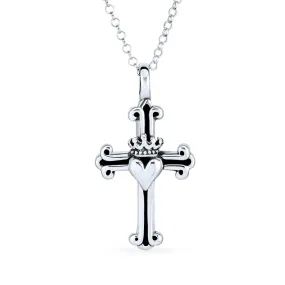 Antiqued Crown Heart Fleur De Lis Cross Pendant .925Sterling Silver