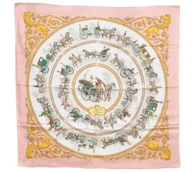 Auth HERMES Carre 90 Scarf "LA PROMENADE DE LONGCHAMPS " Silk Pink Box 2129G