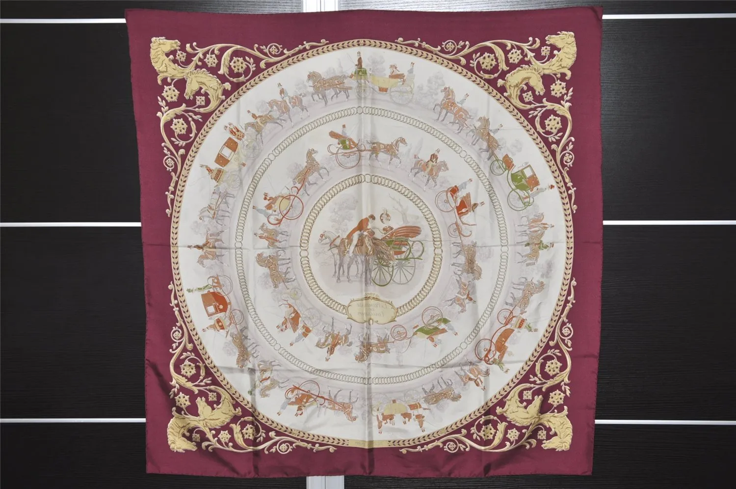 Auth HERMES Carre 90 Scarf "LA PROMENADE DE LONGCHAMPS" Silk Bordeaux Red 5941K