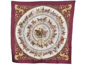 Auth HERMES Carre 90 Scarf "LA PROMENADE DE LONGCHAMPS" Silk Bordeaux Red 5941K