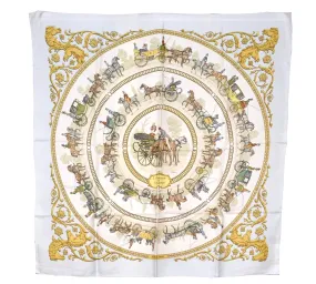 Auth HERMES Carre 90 Scarf "LA PROMENADE DE LONGCHAMPS" Silk Light Blue K4942