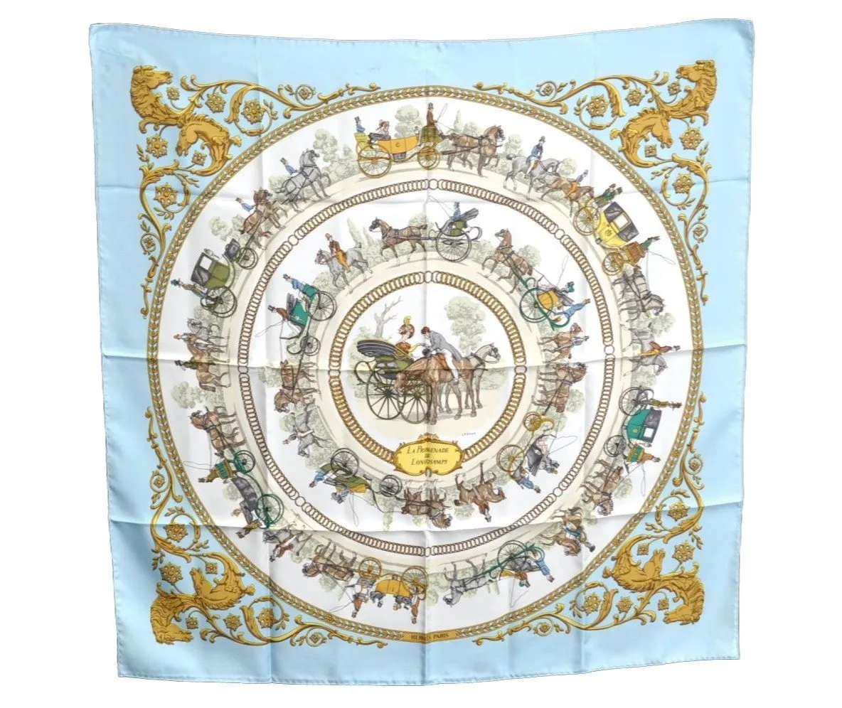 Auth HERMES Carre 90 Scarf "LA PROMENADE DE LONGCHAMPS" Silk Light Blue K8513