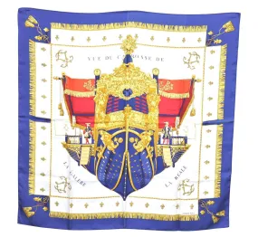 Auth HERMES Carre 90 Scarf "VUE DU CARROSSE DE LA GALERE LA" Silk Navy H9415