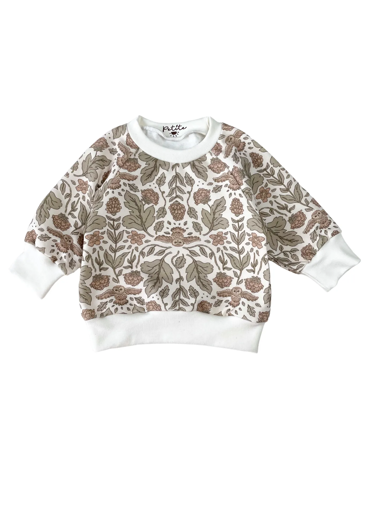 Baby cotton sweatshirt / botanical owls - ecru