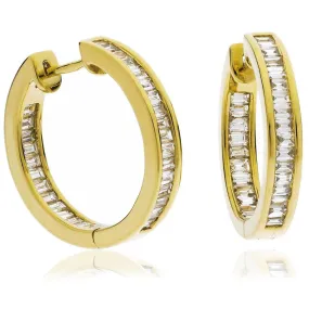 BAGUETTE CUT DIAMOND CHANNEL SET HOOP EARRINGS IN 18K YELLOW GOLD