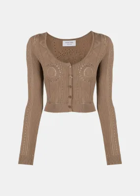 Beige Pointelle-Knit Cropped Cardigan