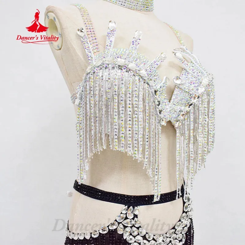 Belly Dancing Set Customized Luxury Rhinestone Tassel Bra Sexy Split Split Long Skirt 2pcs Oriental Dance Performance Clothing