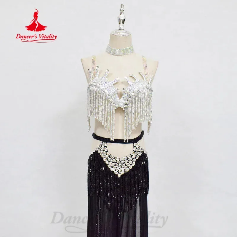 Belly Dancing Set Customized Luxury Rhinestone Tassel Bra Sexy Split Split Long Skirt 2pcs Oriental Dance Performance Clothing