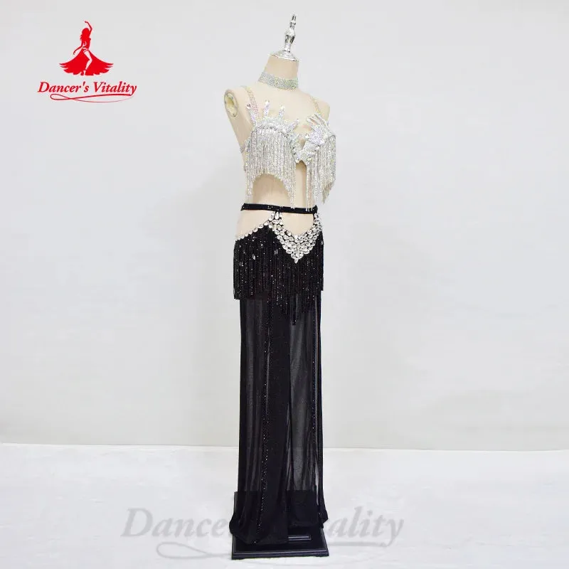 Belly Dancing Set Customized Luxury Rhinestone Tassel Bra Sexy Split Split Long Skirt 2pcs Oriental Dance Performance Clothing