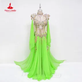 Bellydance Clothing Suit Customized Senior AB Stones Bra Sexy Chiffon Split Long Skirt 2pcs Oriental Dance Performance Costumes