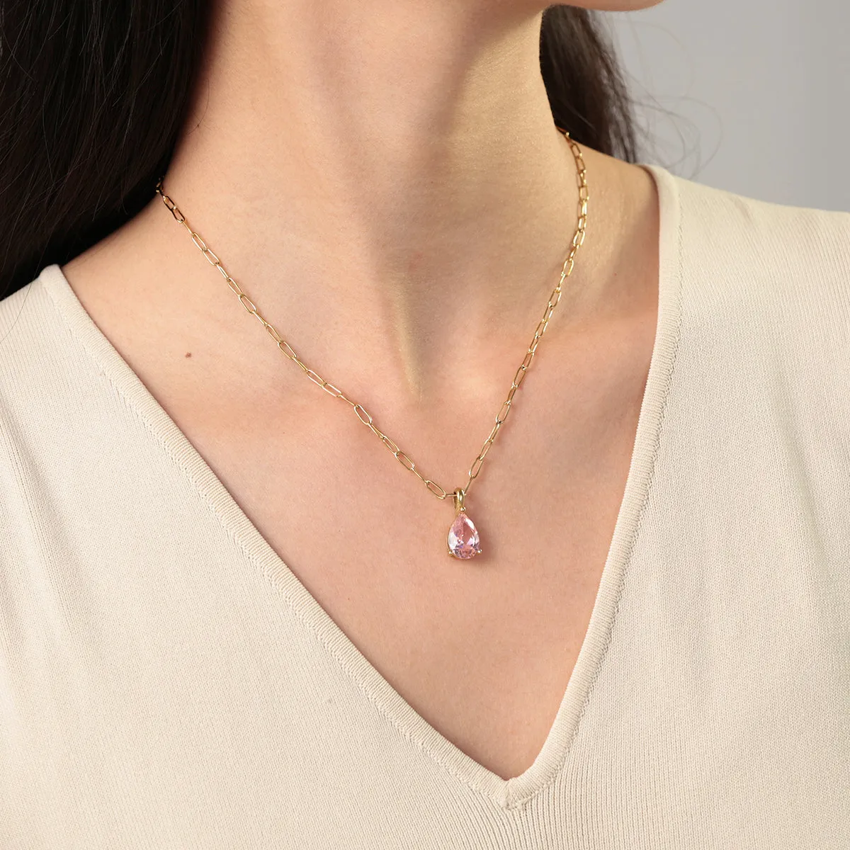 Birthstone Pendant Necklace with Dainty Paperclip Chain