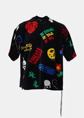 Black & Multi All-Over Design Velour Tee