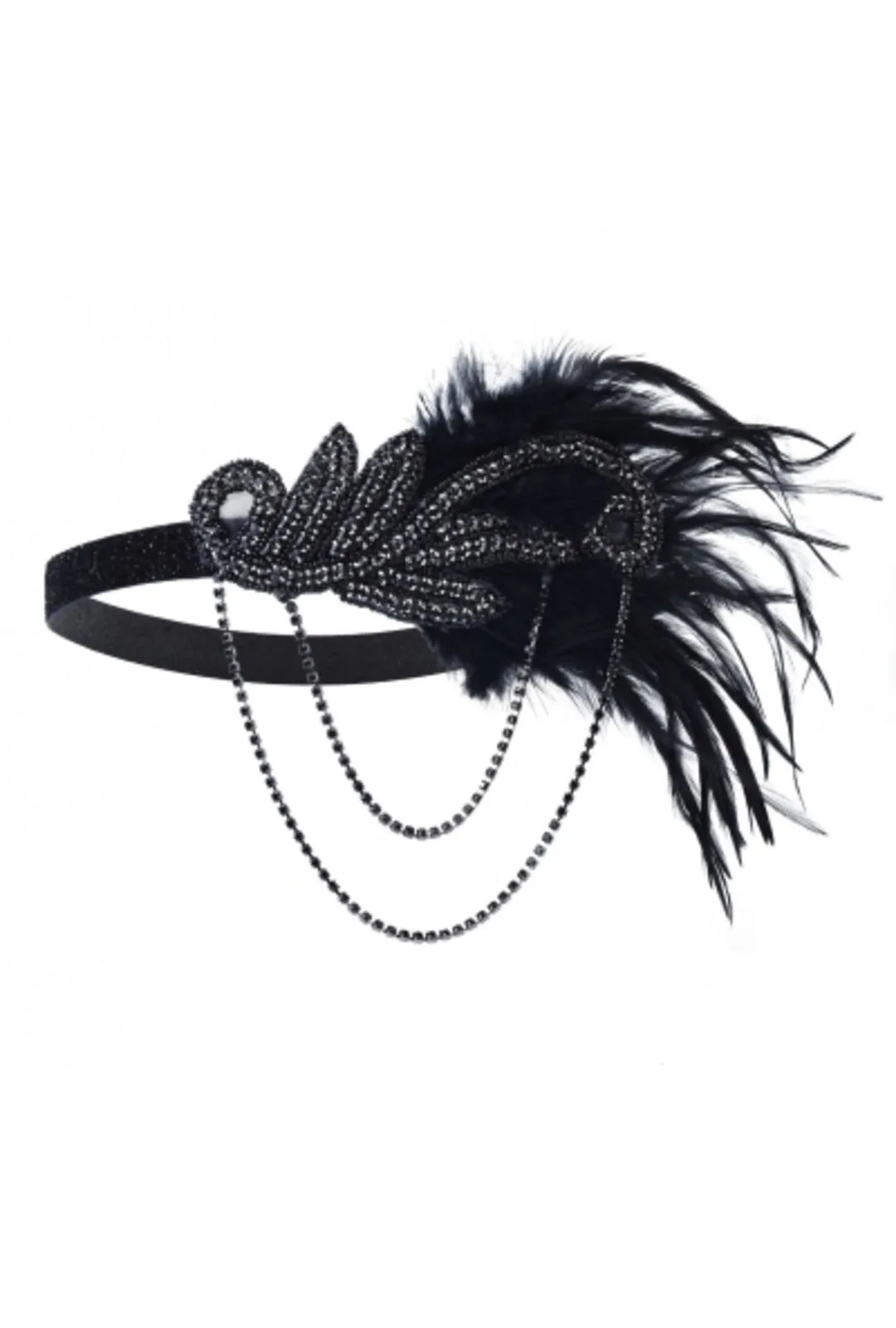 Black Jewelled Black Feather Headband