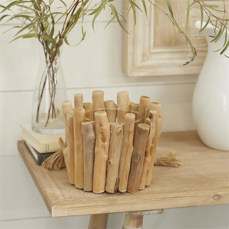 BROWN WOOD PILLAR CANDLE HOLDER WITH DRIFTWOOD STYLE