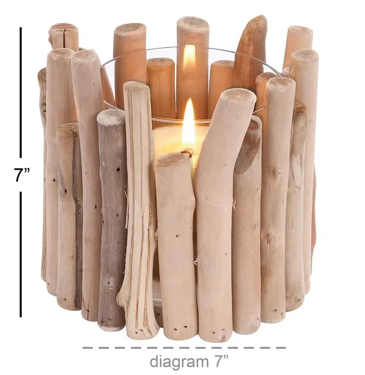 BROWN WOOD PILLAR CANDLE HOLDER WITH DRIFTWOOD STYLE