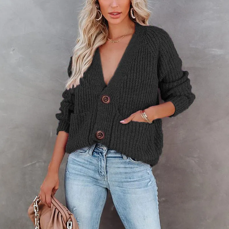 Casual Baggy Ribbed Knit V Neck Button Up Cardigan Sweater With Pocket