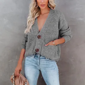 Casual Baggy Ribbed Knit V Neck Button Up Cardigan Sweater With Pocket