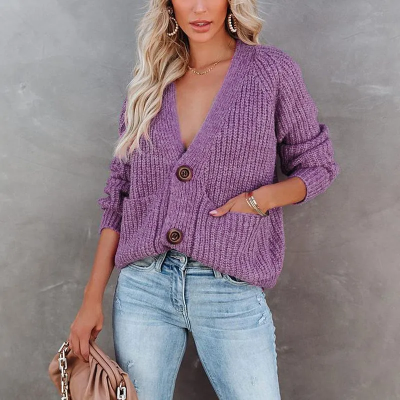 Casual Baggy Ribbed Knit V Neck Button Up Cardigan Sweater With Pocket