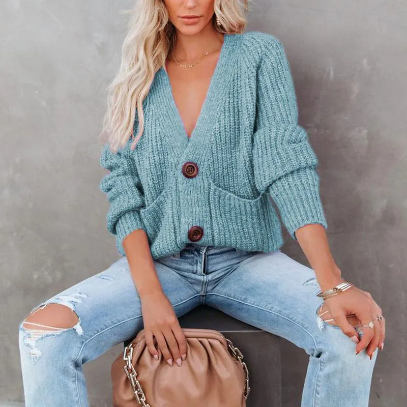 Casual Baggy Ribbed Knit V Neck Button Up Cardigan Sweater With Pocket