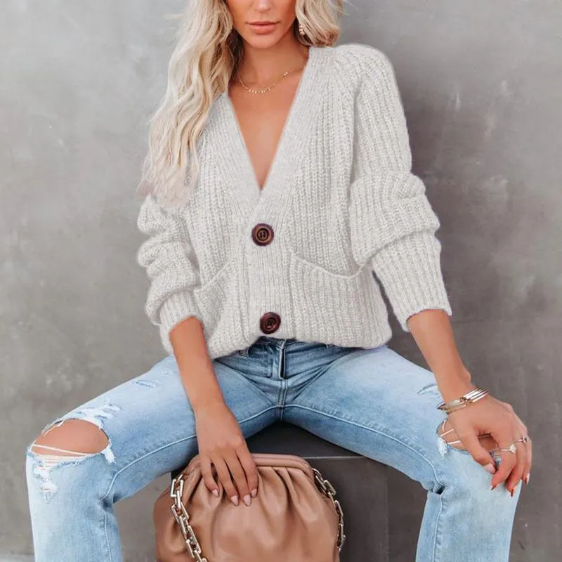 Casual Baggy Ribbed Knit V Neck Button Up Cardigan Sweater With Pocket