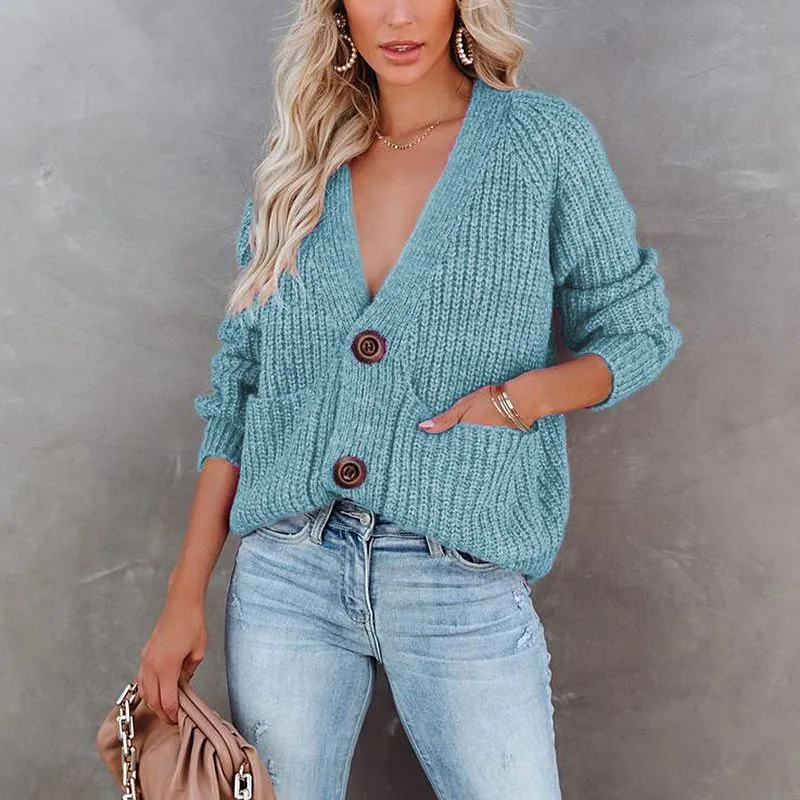 Casual Baggy Ribbed Knit V Neck Button Up Cardigan Sweater With Pocket