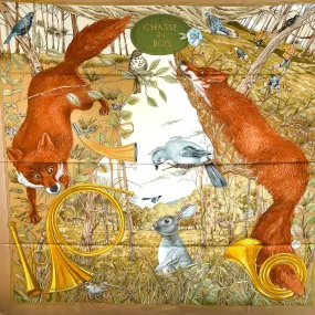 Chasse au Bois Hermes Scarf by Carl de Parcevaux 90 cm Silk Beige Col.