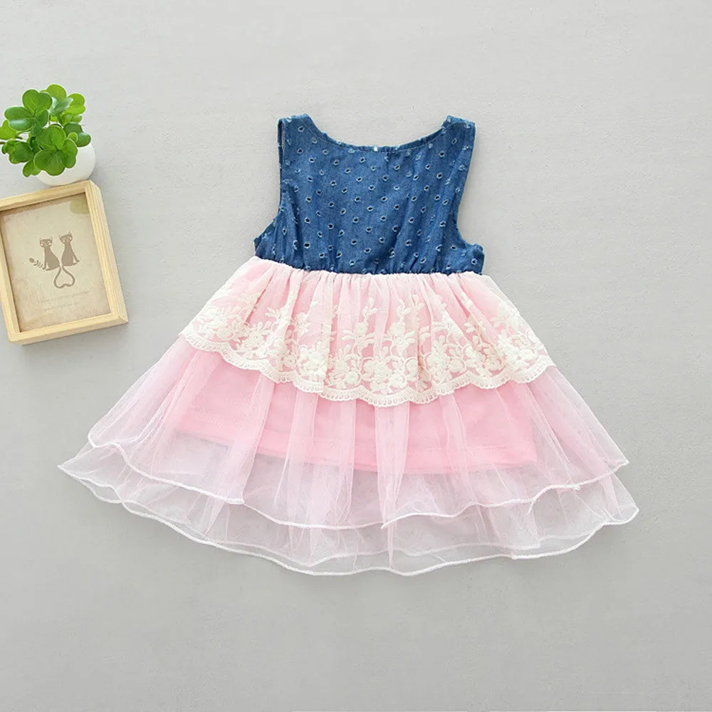 Child Kids Girls Casual Lace Dress Denim Splice Layered Tulle Vest Party Dress Pageant Cowgirl Barn Party