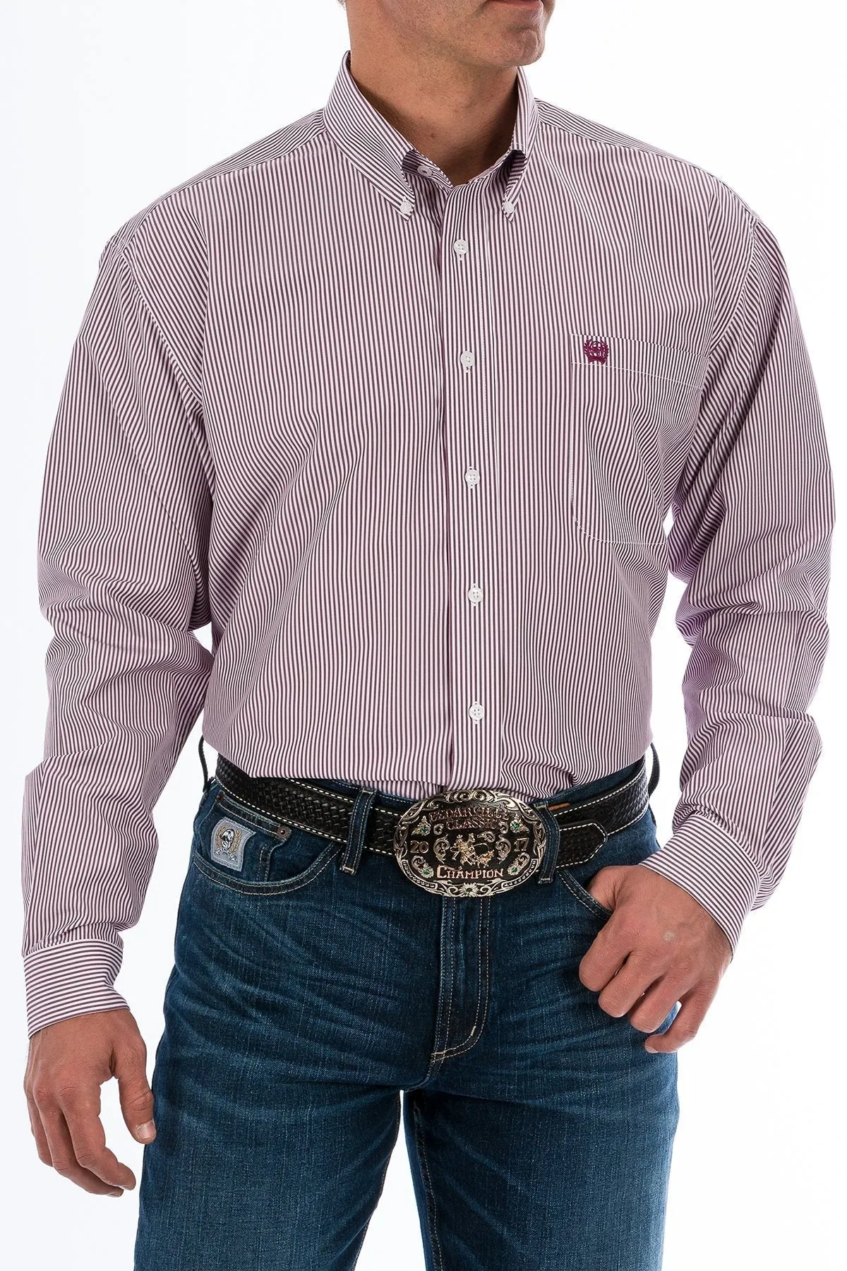 CINCH MEN'S TENCEL BURGUNDY STRIPE BUTTON-DOWN WESTERN SHIRT STYLE MTW1104730