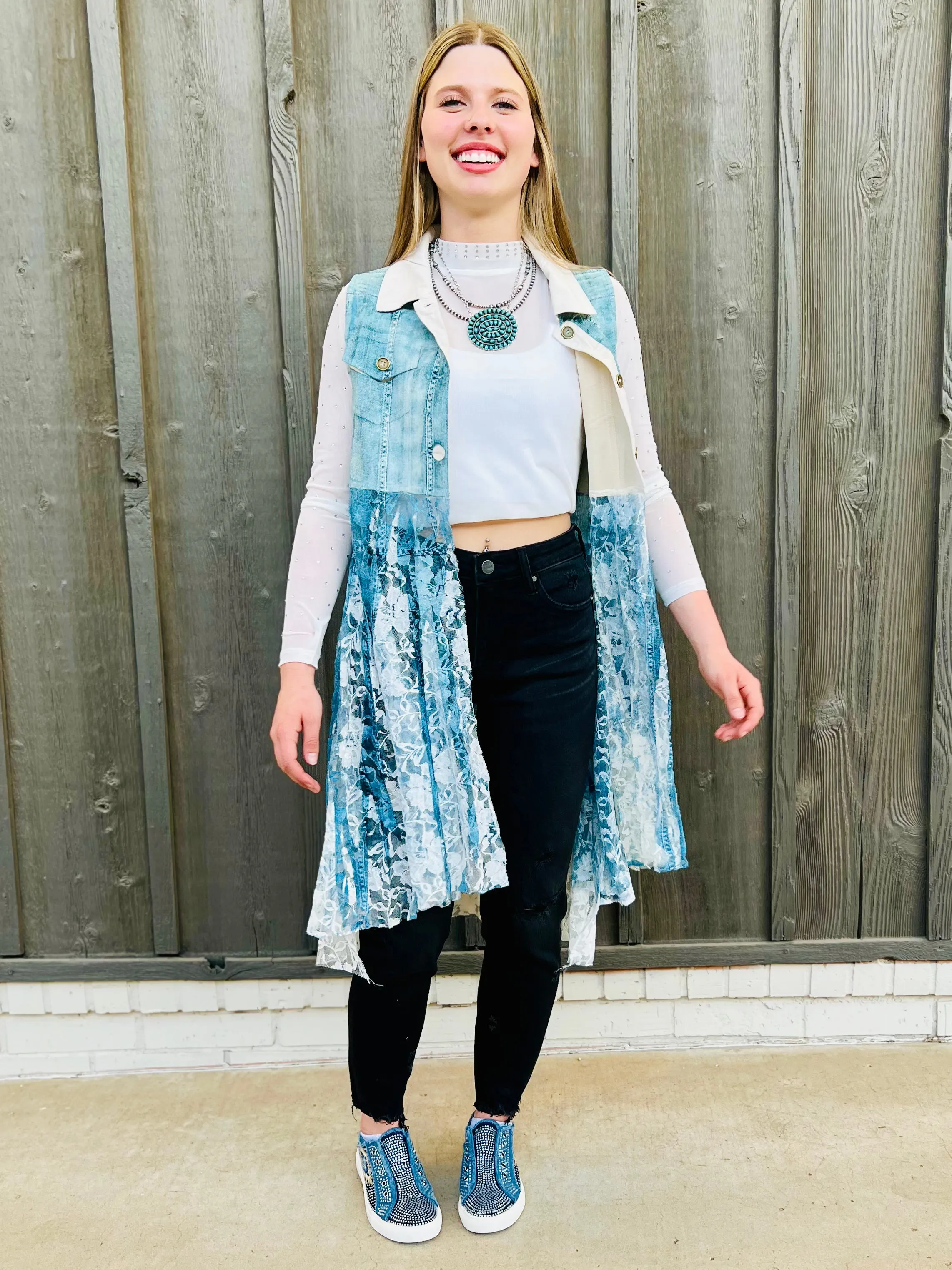 Denim Lace Layered Vest Cardigan