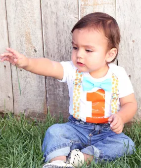 First Birthday Outfit Boy Aqua and Orange Dots Bow Tie and Suspenders