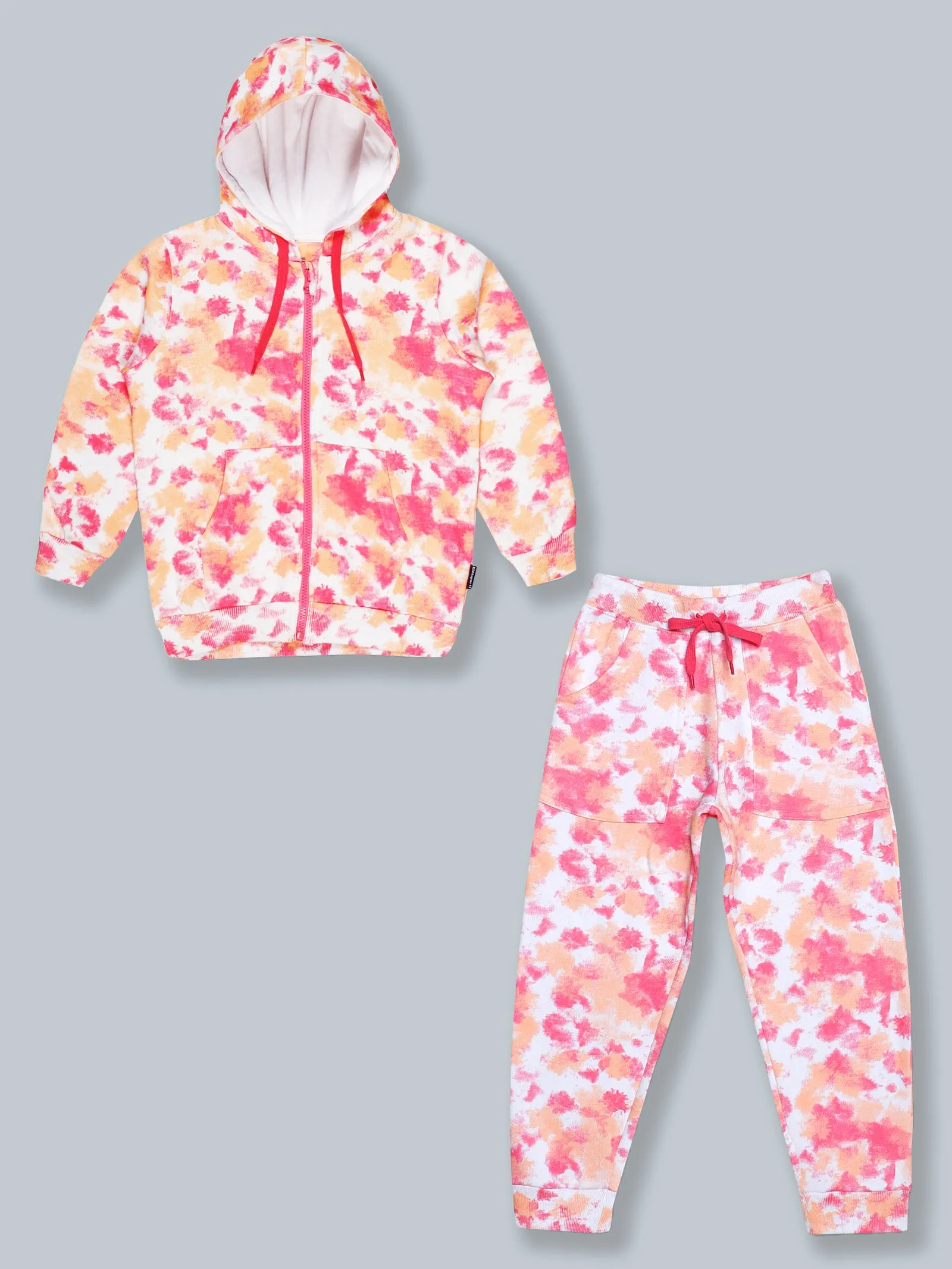 Fleece Tie & Dye Print Front Open Hooded Sweatshirt & Track Pant Set