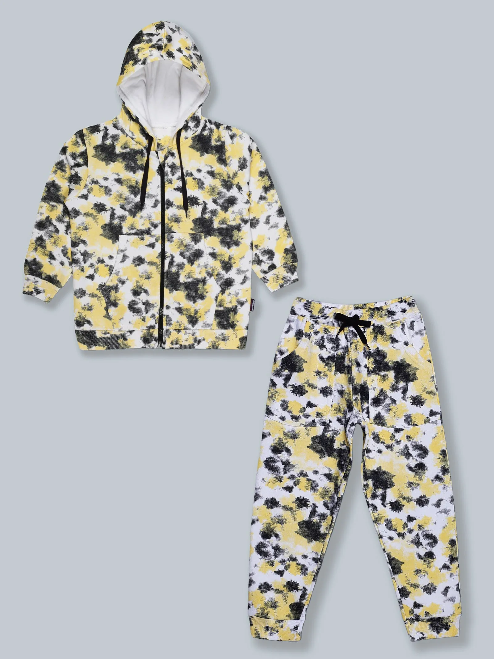 Fleece Tie & Dye Print Front Open Hooded Sweatshirt & Track Pant Set