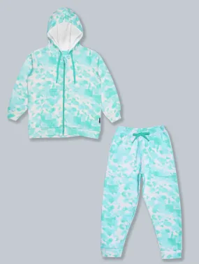 Fleece Tie & Dye Print Front Open Hooded Sweatshirt & Track Pant Set