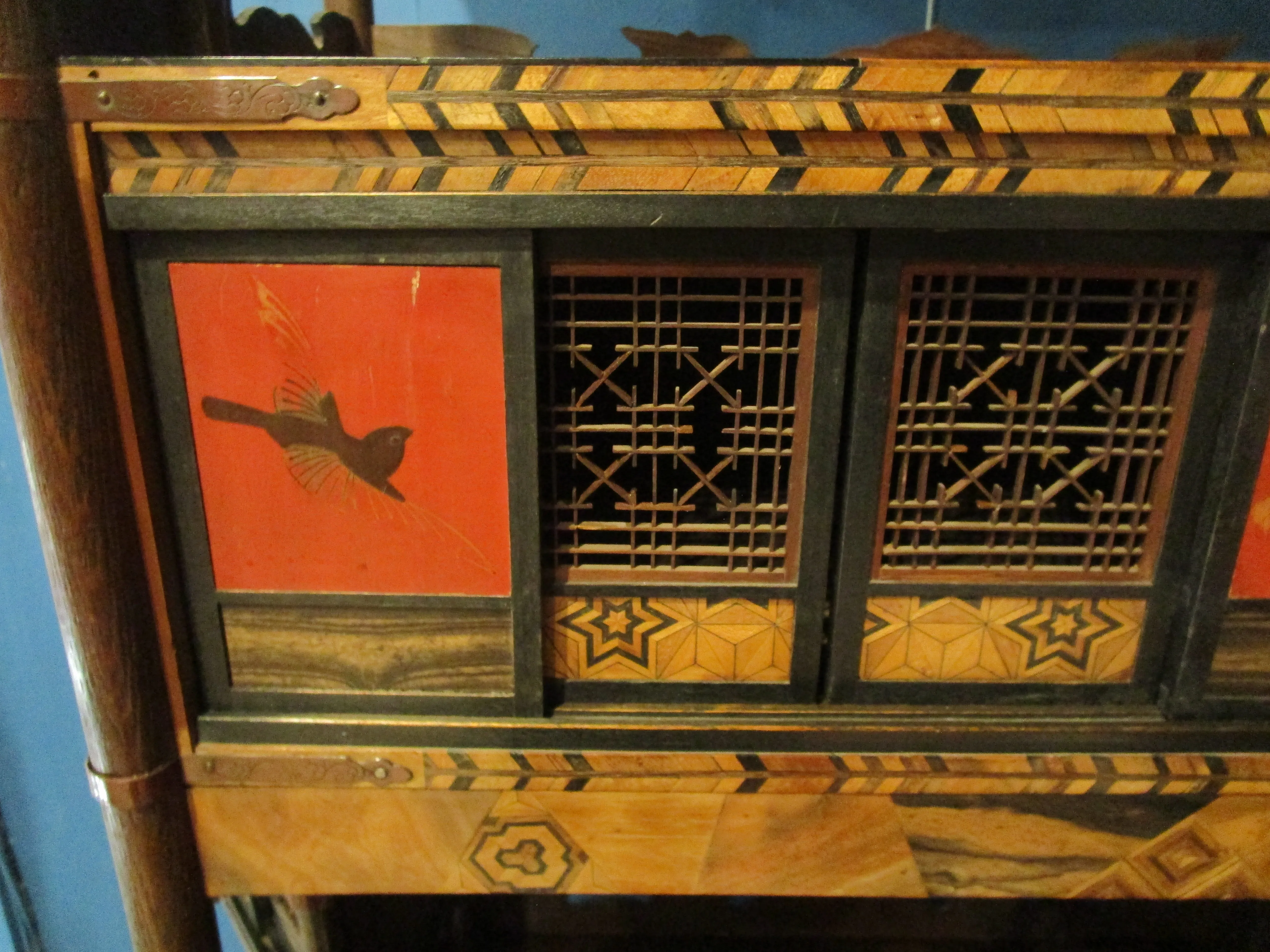 Japanese Marquetry And Fretwork Shodana Cabinet Antique Meiji Period c1900