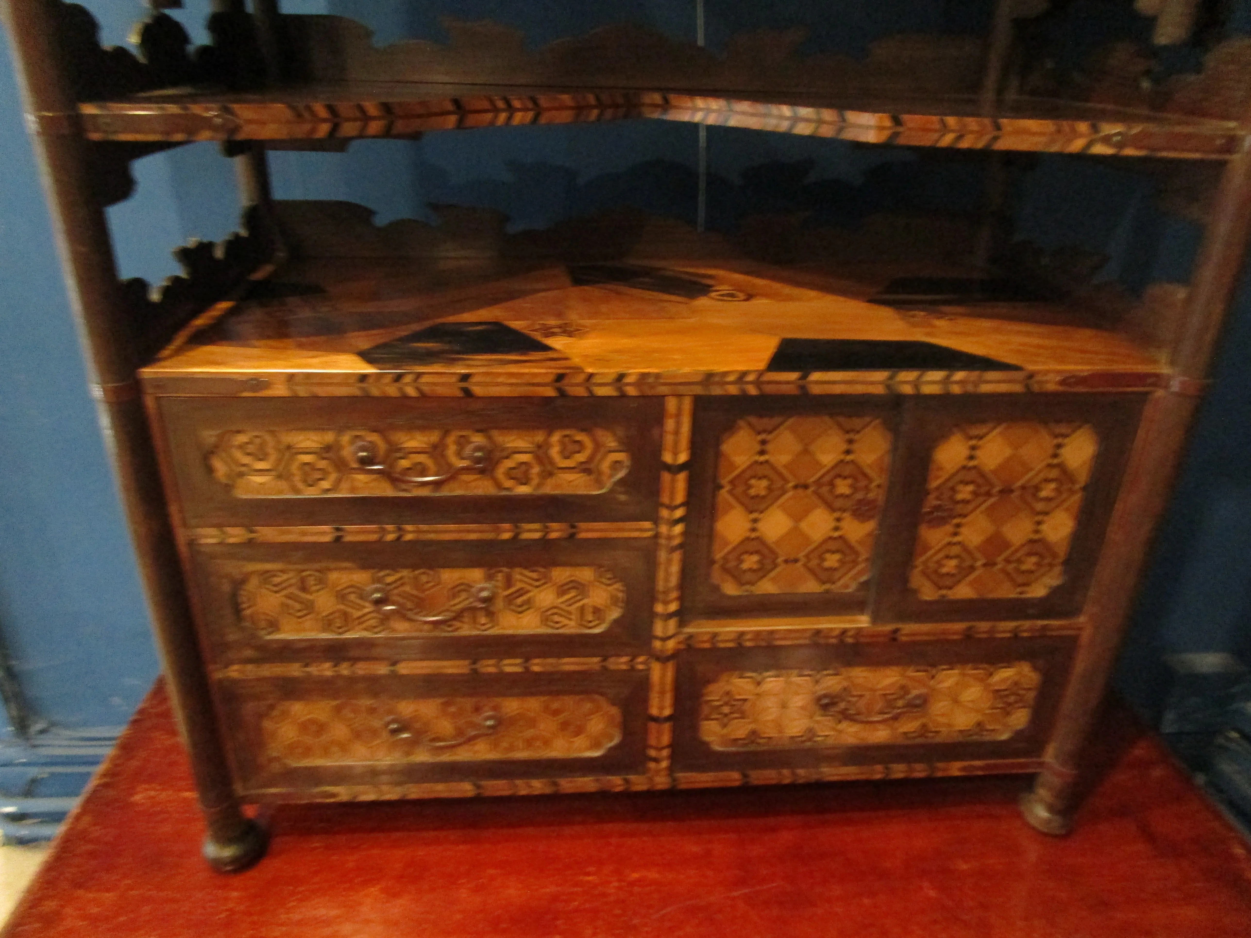 Japanese Marquetry And Fretwork Shodana Cabinet Antique Meiji Period c1900