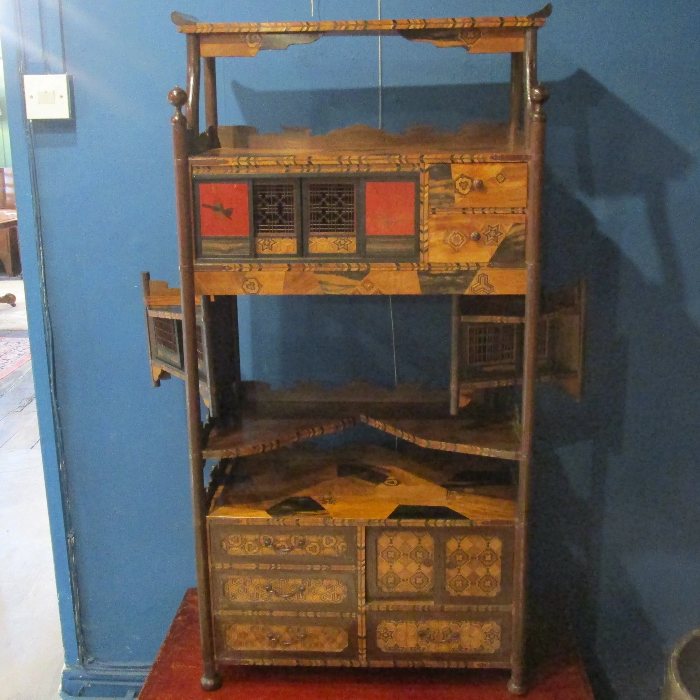 Japanese Marquetry And Fretwork Shodana Cabinet Antique Meiji Period c1900