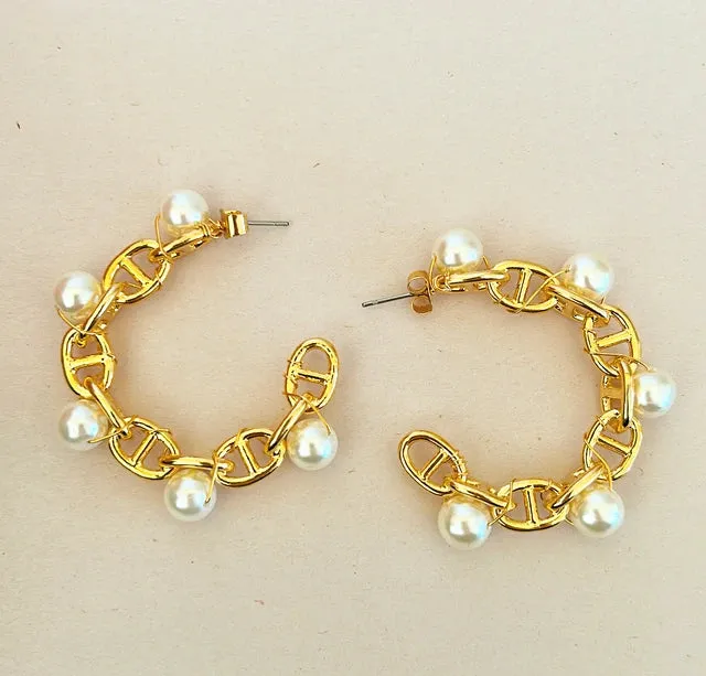 Large statement faux pearl hoop pierced style earrings