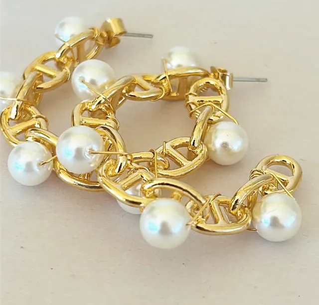 Large statement faux pearl hoop pierced style earrings