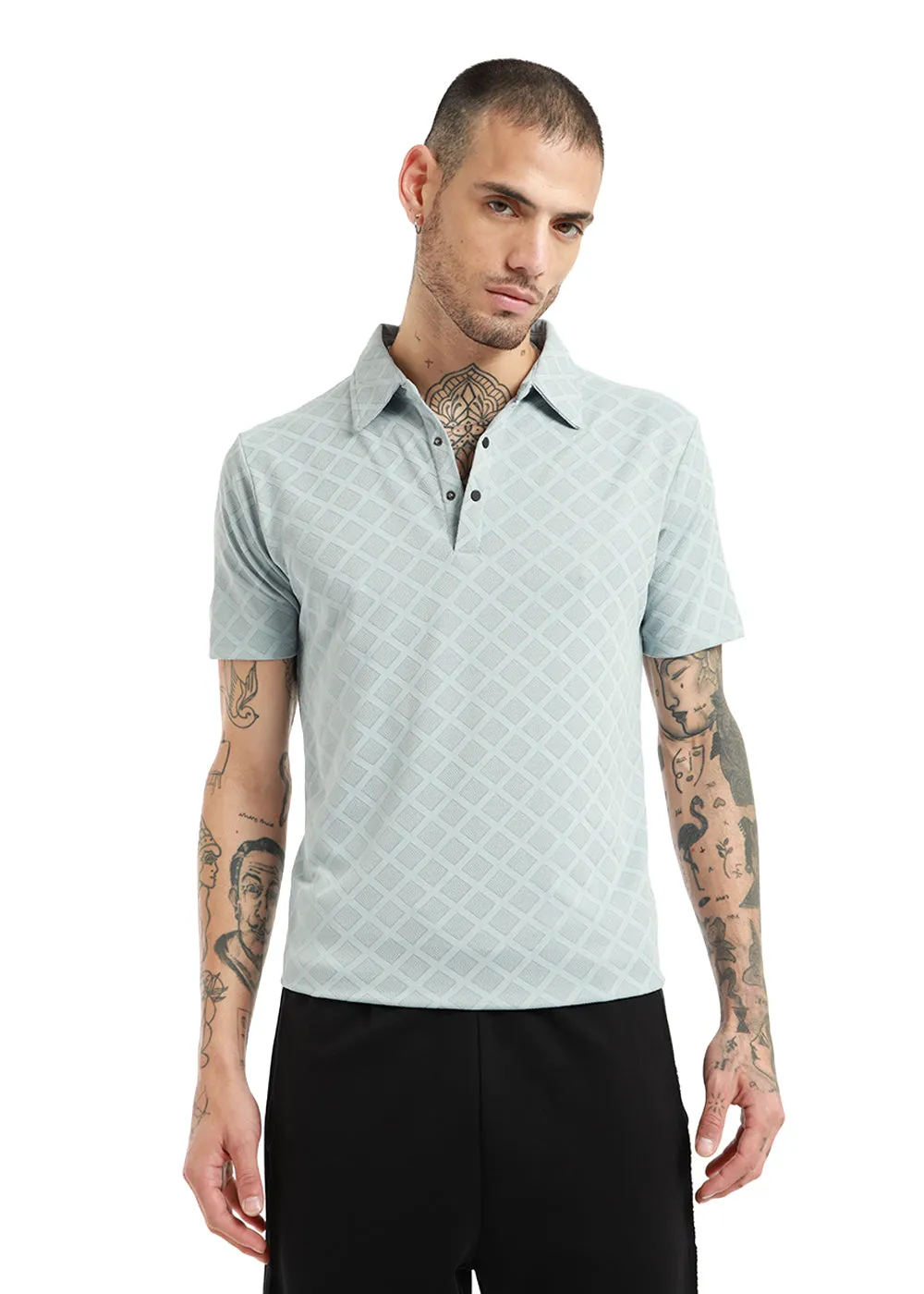 Lattice Print Pastel Blue Polo T-shirt