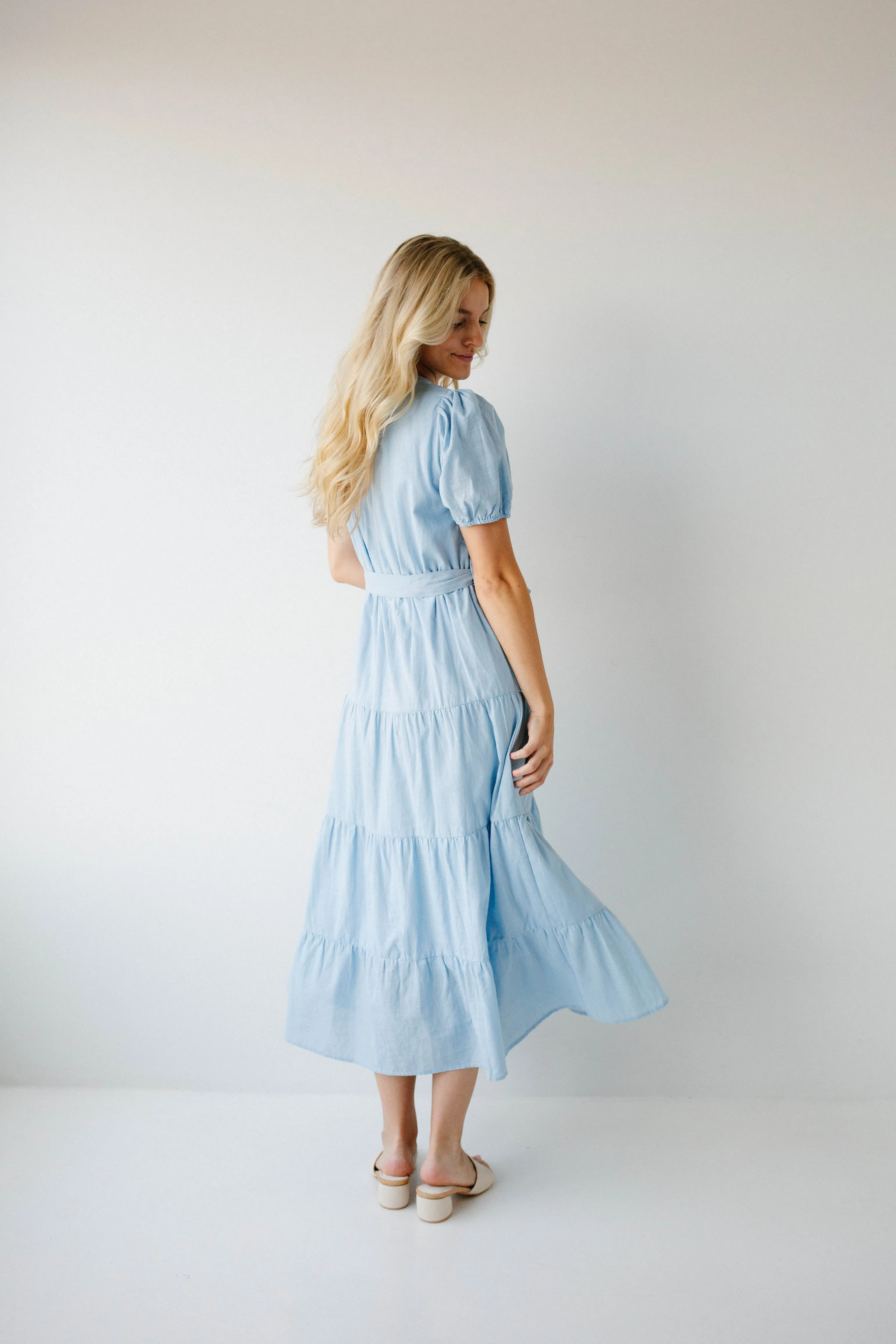 'Lucy' Button Up Tiered Maxi Dress in Light Blue