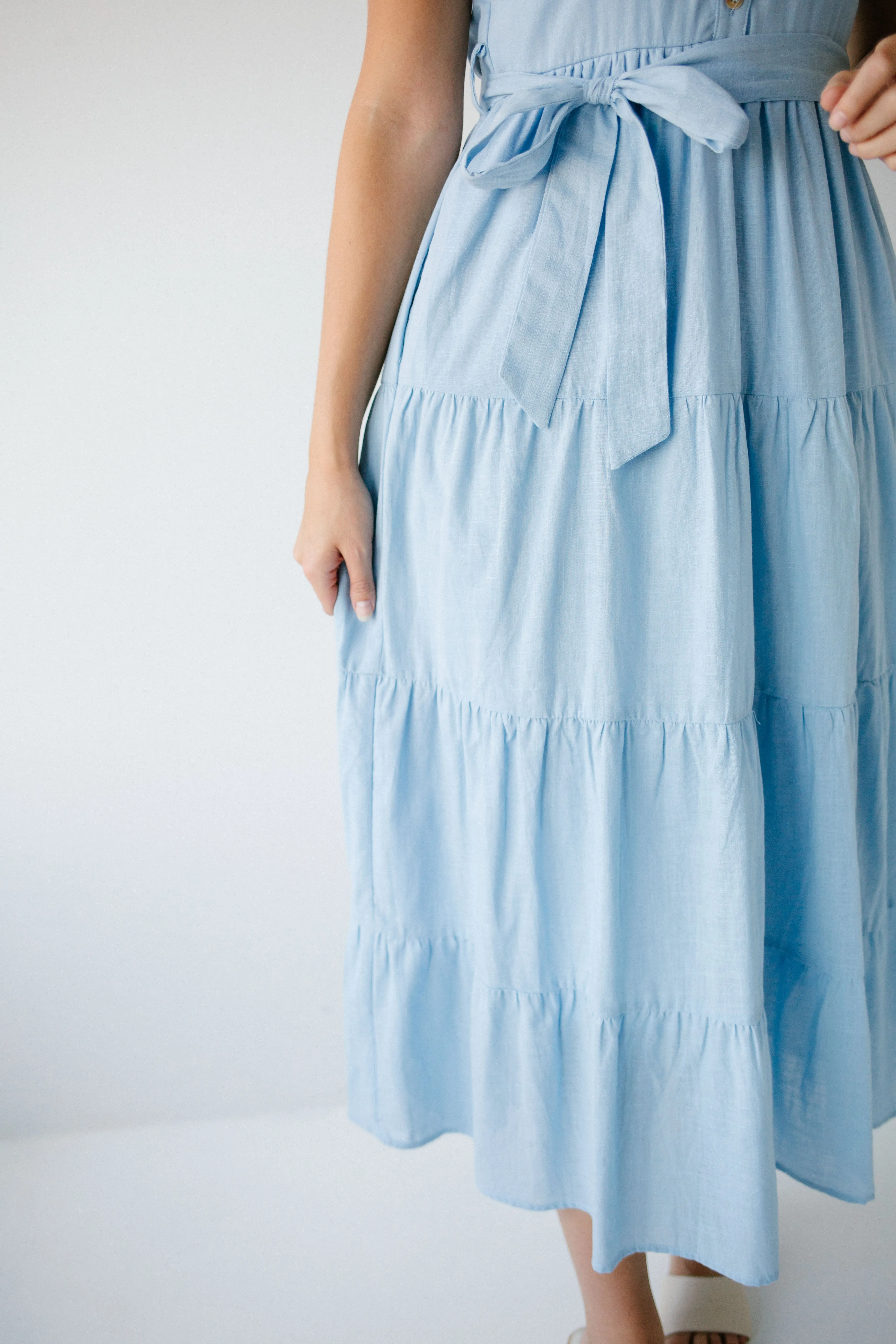 'Lucy' Button Up Tiered Maxi Dress in Light Blue