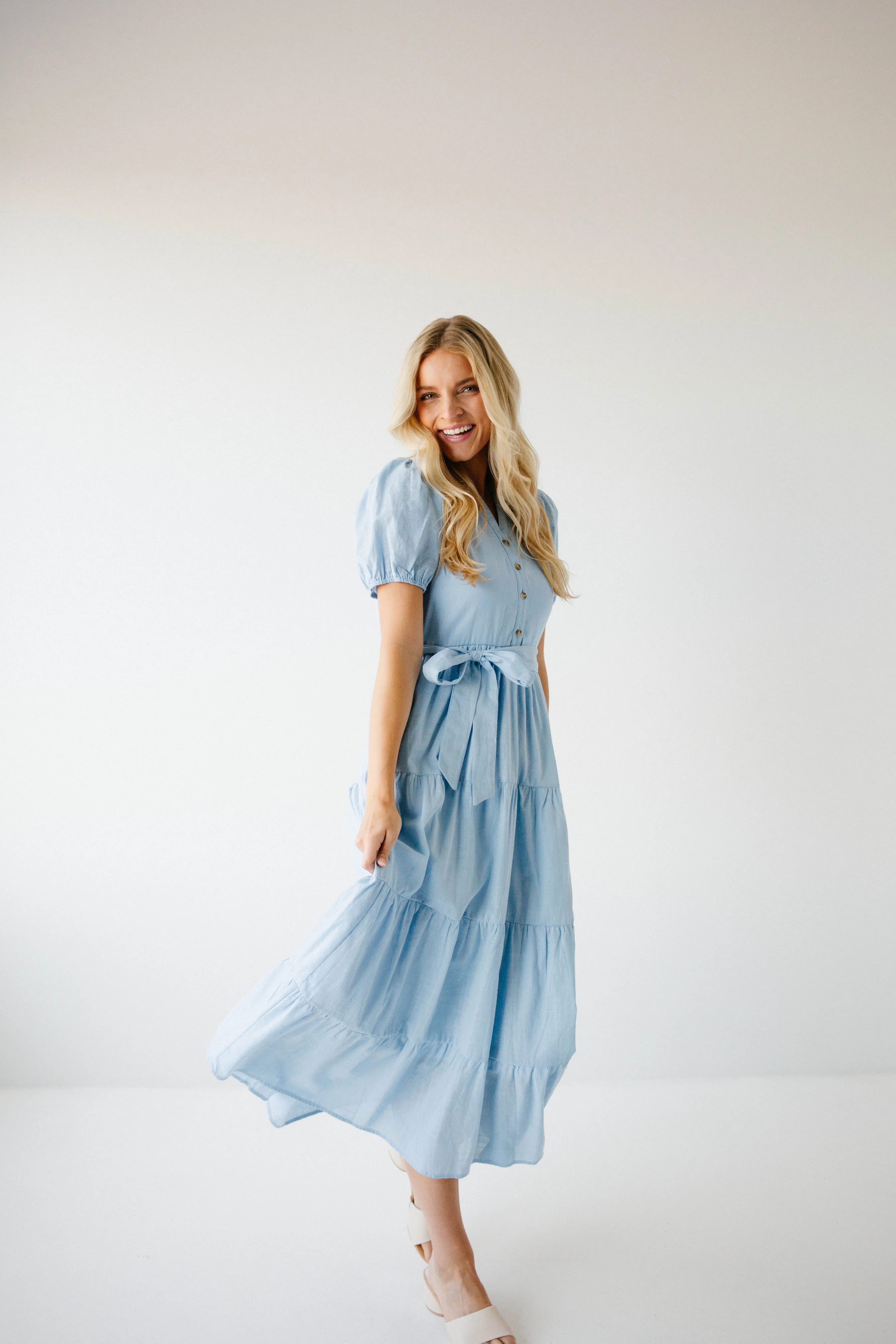 'Lucy' Button Up Tiered Maxi Dress in Light Blue