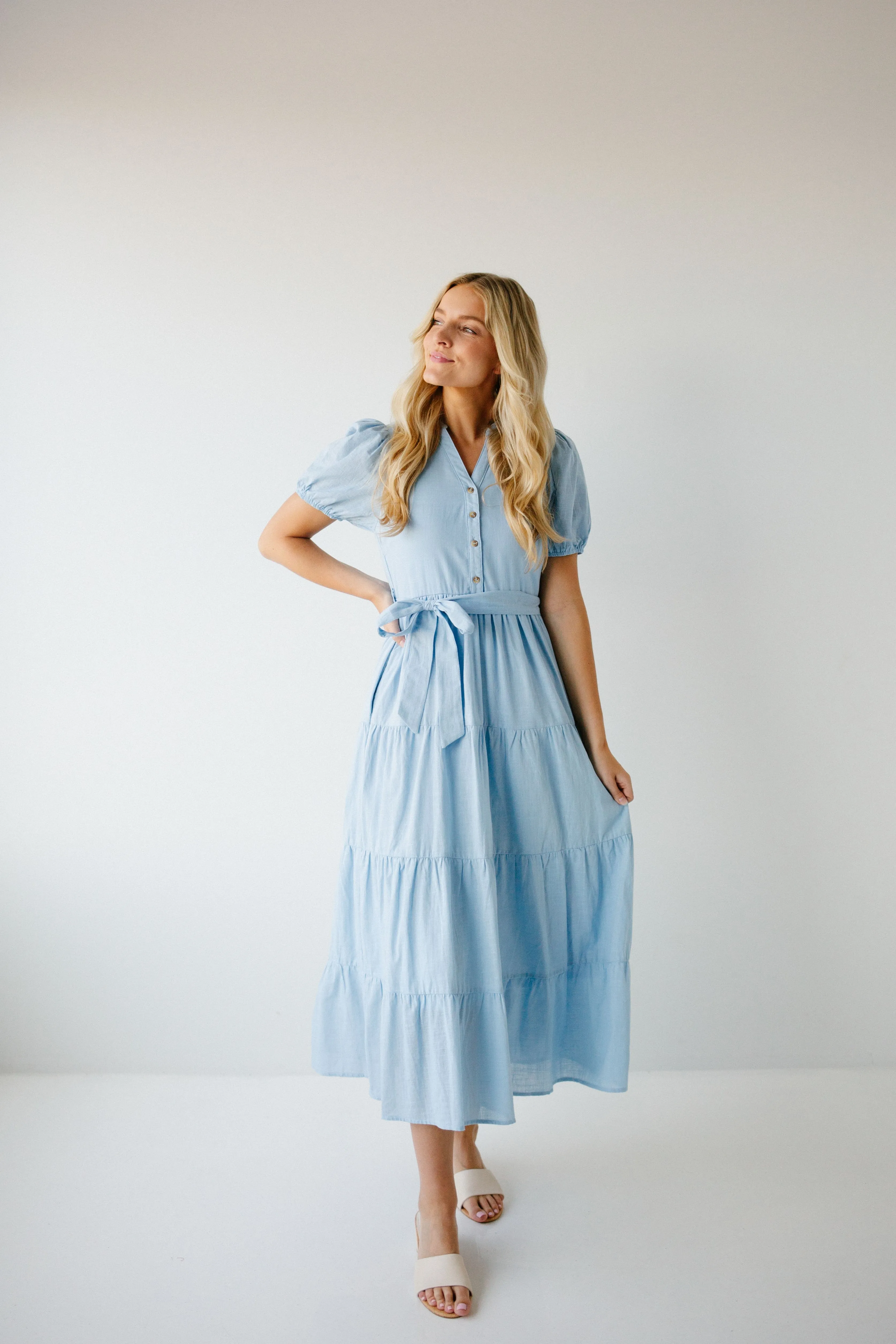 'Lucy' Button Up Tiered Maxi Dress in Light Blue