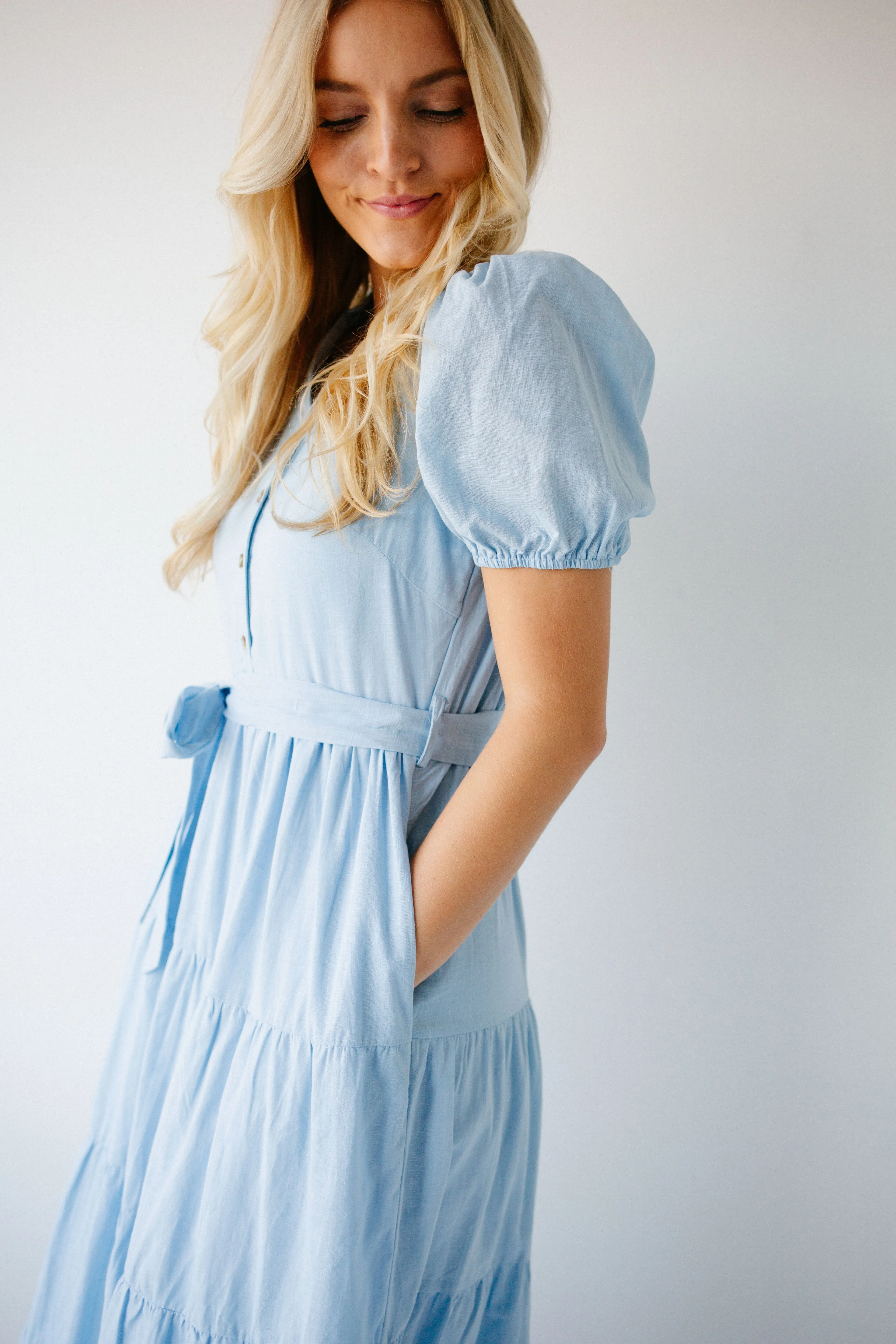 'Lucy' Button Up Tiered Maxi Dress in Light Blue